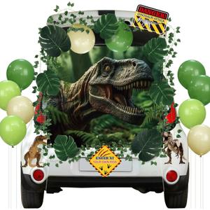 59 Pcs Halloween Trunk or Treat Car Decorations Kit with Dinosaur Banner Warning Tapes Balloons Vines Jungle Theme for SUV Archway Garage Door Entryway Archway Decor