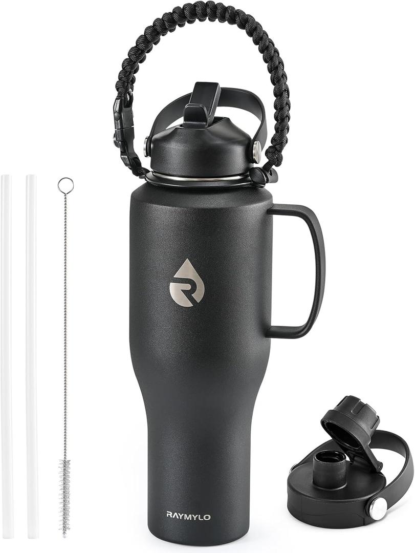 Insulated Water Bottle 40oz (Cold for 48 Hrs), Stainless Steel Water Bottle with Handle & Straw Lid & Paracord Handle, Triple Wall Vacuum Leakproof Travel Flask, Fit in Any Car Cup Holder (Magic Black)