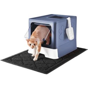 Cat Litter Box with X-Large Litter Mat and Scoop, Large Foldable Litter Box with Lid, Enclosed Kitty Box,Front Top Entry Exit, Odor Control Easy to Clean (Upgrade Midnight)