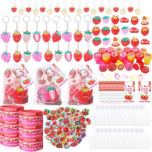Landical Strawberry Party Favors Pendant Keychain Silicone Ring Bracelet Bubble Sticker Party Tags Gift Bag Stamper for Baby Shower Kid Girls Berry Birthday Supplies(194 Pcs,Cute Strawberry)