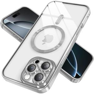 Magnetic Clear Case for iPhone 16 Pro Max with Full Camera Cover | Compatible with MagSafe | Anti-Yellowing TPU & Shiny Frame, Shockproof Slim Fit - Silver
