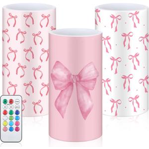 Retisee 3 Pcs Coquette Pink Bow Flameless LED Candles with Remote Pink Bow Room Decor 3x6 Inch Color Changing Battery Operated Pillar Candles for Party