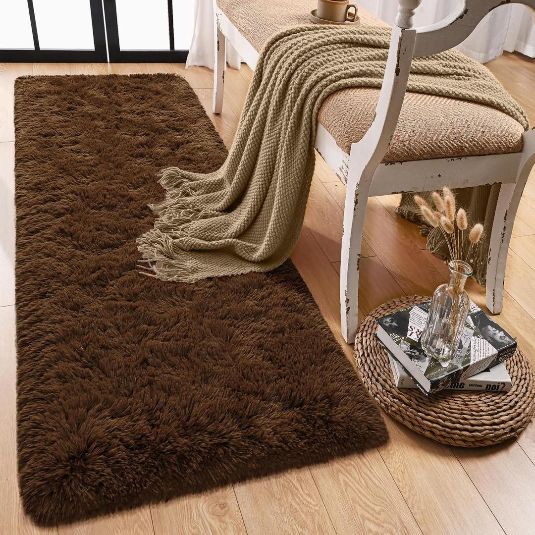 Runner Rug for Bedroom, 2x6 Soft Shag Fluffy Area Rugs for Girls Boy's Room, Plush Shaggy Carpet with Non-Slip Bottom for Living Room Dorm, Brown
