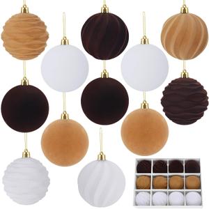 12Pcs 3.15Inch Brown Velvet Christmas Tree Ornaments Multicolor Flocked Shatterproof Christmas Balls for Xmas Trees Hanging Decorations (White, Khaki, Brown)