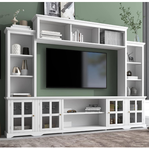 Merax Minimalism Style Entertainment Wall Unit with Bridge, Multifunctional TV Stand with Tempered Glass Door, Modern Console Table for Televisions Up to 70”, Black