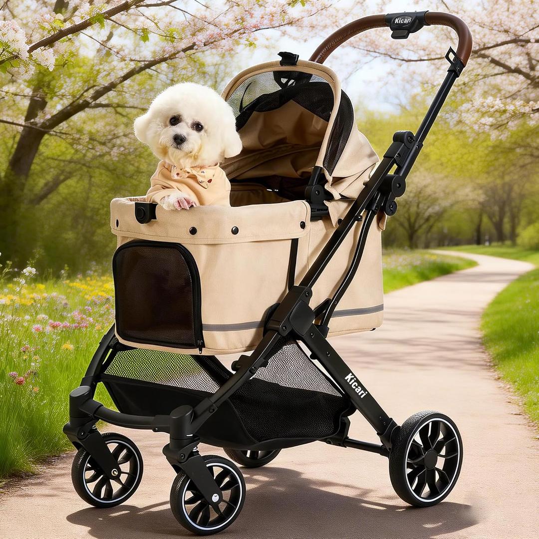 All-Terrain Dog Stroller for Small to Medium Dogs, Pet Stroller for Dogs & Cats Outdoor Walks, One-Hand Easy Fold, Double-Layer Anti-UV & Waterproof Canopy & Breathable Mesh, Vanilla Beige