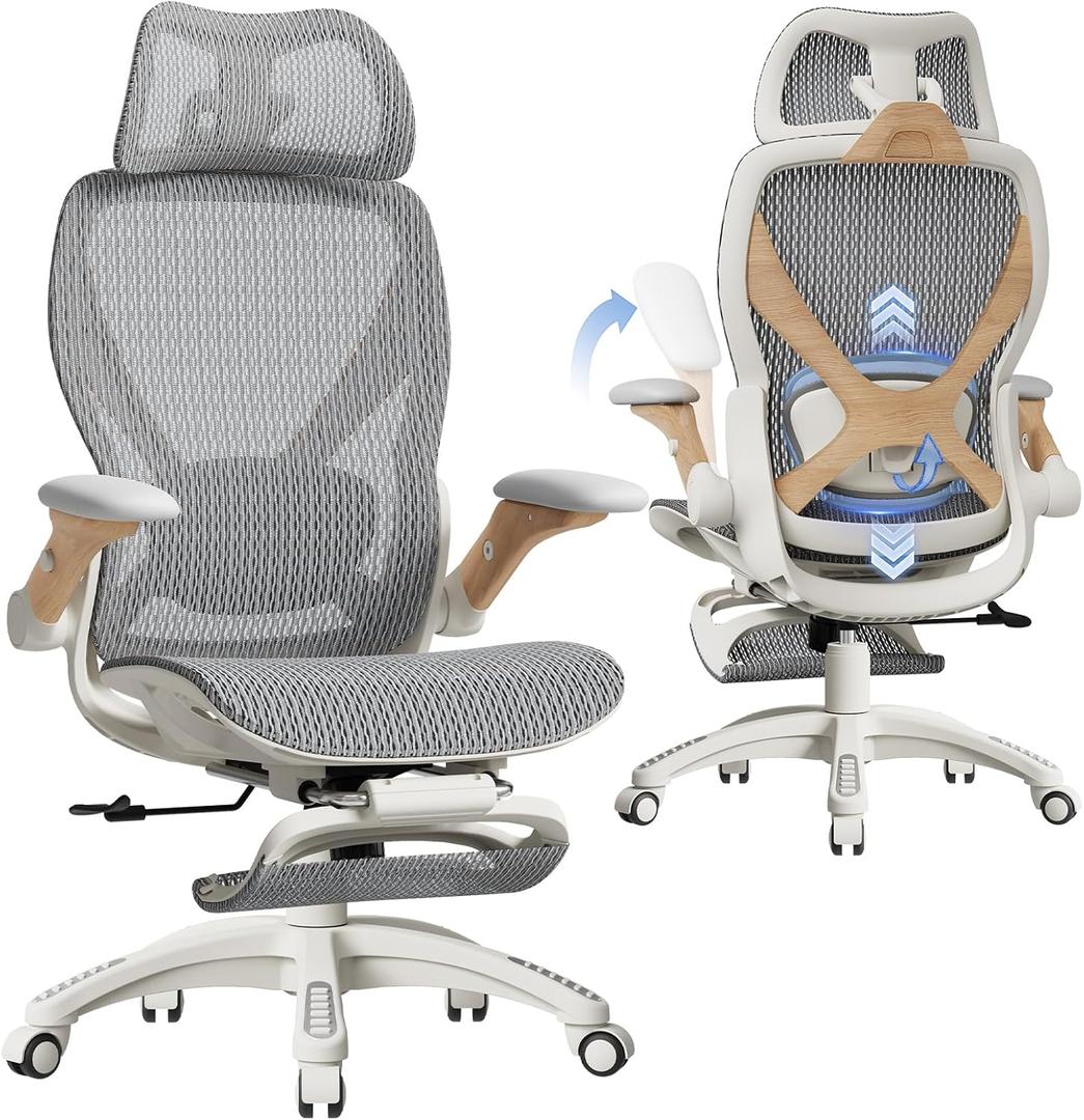 ELABEST X100 Ergonomic Office Chair with Footrest, Big and Tall Home Desk Chair with 5D Flip-Up Arms, Adjustable 3D Lumbar Support,High Back Rolling Computer Chair, Swivel Mesh Chairs (Foggy Morning), Large