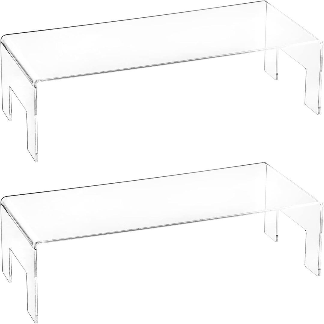 Frcctre 2 Pack Acrylic Display Risers, 12" Lx5 Wx3.3 H Clear 5mm Thick Small Display Risers Stand Acrylic Showcase Fixtures Shelf for Dessert Cupcake Figures Toys Cosmetics Perfume