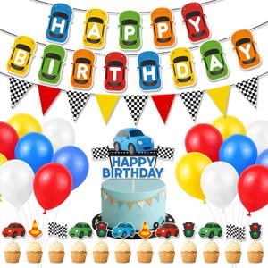 Race Car Birthday Party Decorations, Car Birthday Decorations with Happy Birthday Car Banner & Flag Banner, 24 Balloons, Race Car Cake Topper and 24 Cupcake Toppers