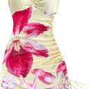 Milumia Women's Floral Halter Mini Dress Tie Backless Drawstring Asymmetrical Hem Short Dresses (Medium, Yellow)