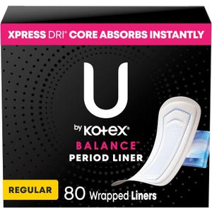 U by Kotex Balance Wrapped Panty Liners, Regular Length, 80 Count (Packaging May Vary) (One Size)