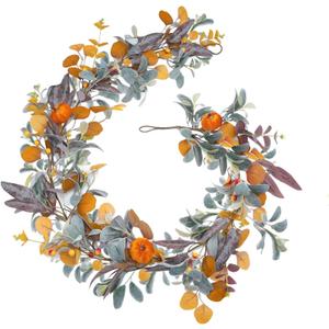 Fall Garland with Lights, 6FT Fall Leaves Garlands, Artificial Eucalyptus Garland with Pumpkins Berries for Home Mantle Fireplace Decor Thanksgiving Christmas Party Autumn Decoration (6FT)