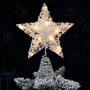 Jojofuny Christmas Tree Star Topper with Lights - 10 x 7 inch Xmas Glitter White Hollow Star Treetop for Christmas Tree Decor, Led Sparkling Treetop with 3 AA Battery Box for Xmas Decorations