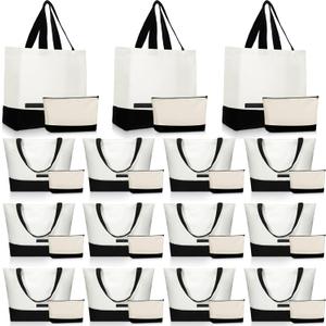 Sanwuta 30 Pcs Canvas Tote Bags Bulk with Zipper Cosmetic Pouch 18.5" Reusable Cotton Shopping Bag with Handle for DIY Craft (Black)