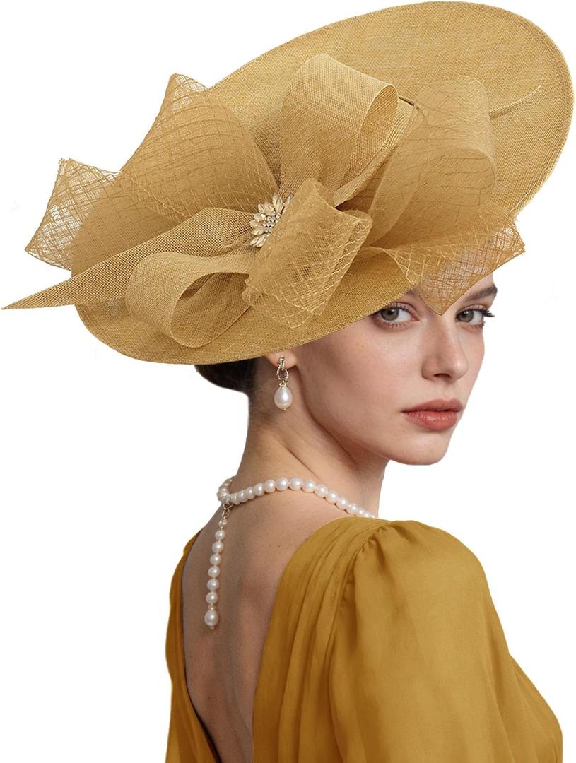 Kgromfy Women's Wide Brim Fascinator Hat Tea Party Headband Large Vintage Church Hat Lady Headwear for Derby Wedding Cocktail