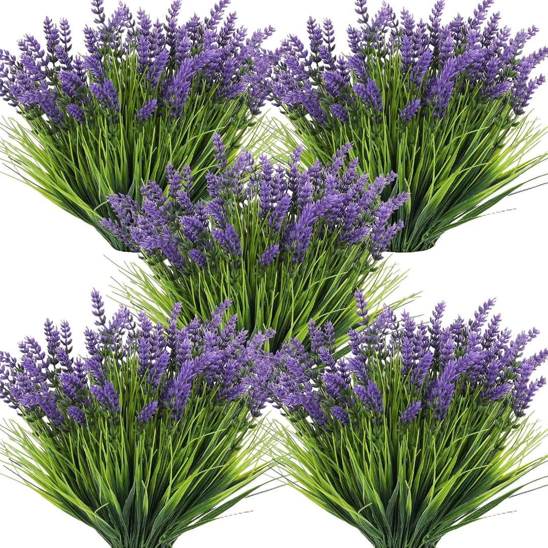 Zeyune 36 Bundles Artificial Plants Outdoor Fake Monkey Grass with Flowers Greenery UV Resistant Faux Outdoor Plants Plastic Flowers for Garden Office Patio Pathway Outside Decor(Purple)