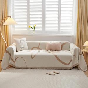 VClife Boho Couch Cover Beige Khaki Stripe Sofa Cover for Dog Washable Sofa Slip Cover for Sofa/Couch Chenille Couch Cover for 2 Cushion Couch Anti-Slip Sectional Sofa Cover Loveseat Cover (Large (71*118inch), 1# Chic Beige)