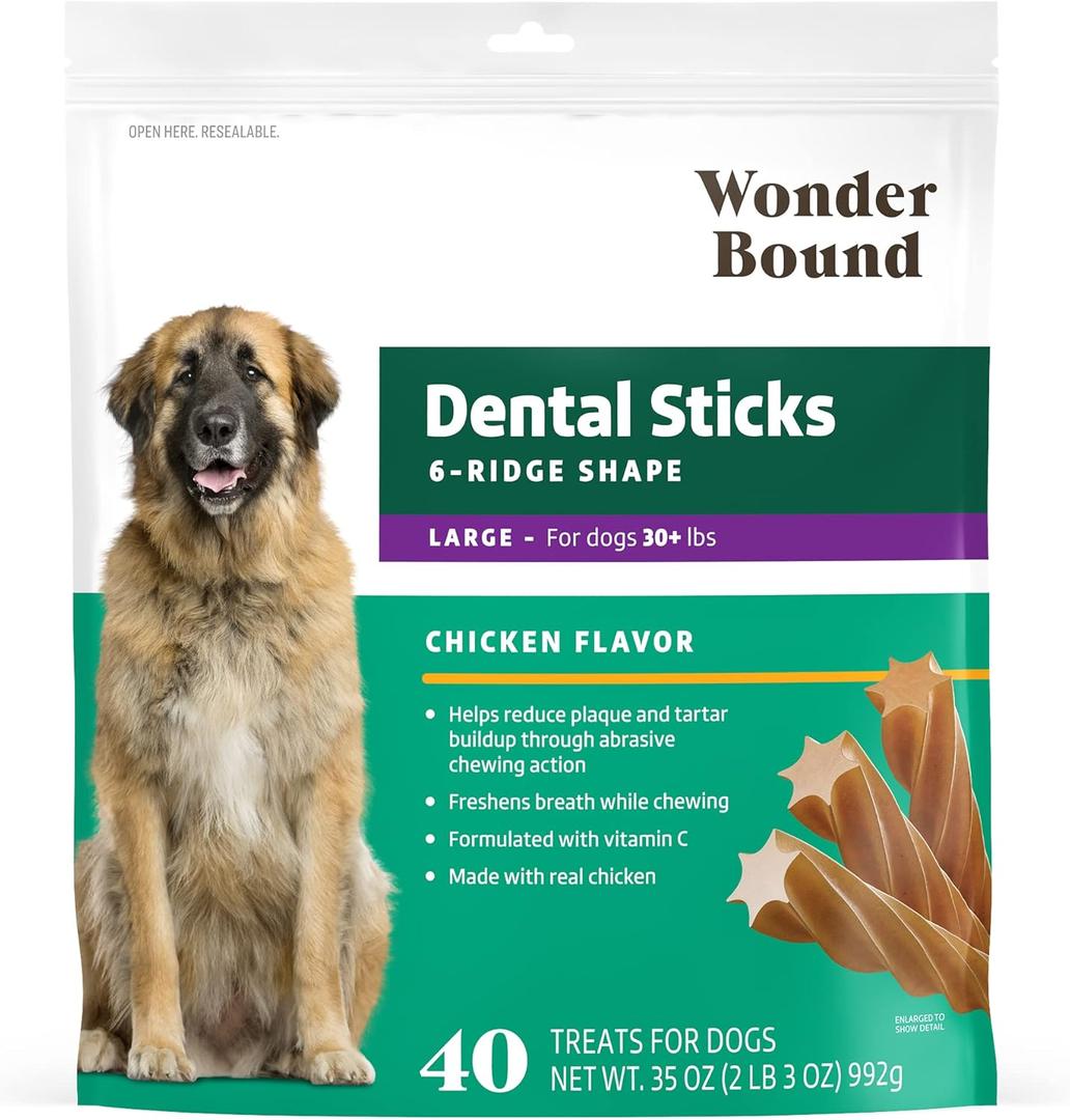 Amazon Brand - Wonder Bound Chicken Flavor Dental Sticks for Large Dogs (Over 30 lbs), 6-Ridge Shape for Plaque & Tartar Control, Freshens Breath, Made With Real Chicken, 40 Count (Pack of 1) (EXP 05/22/27)