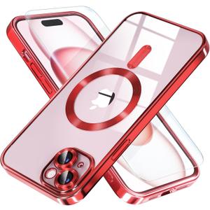 Misea Magnetic for iPhone 15 Plus Case Compatible with MagSafe [Never Yellowing] [Military Grade Drop Protection] Full Camera Lens Protector Plating Soft Clear Phone Case for Women, Red