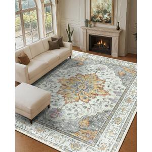 Area Rugs 9'x12' Washable Non-Slip, Floral Vintage Distress Print Pattern Medallion Carpet for Living Room Bedroom Dining Room, Light Yellow Carbon Grey Orange