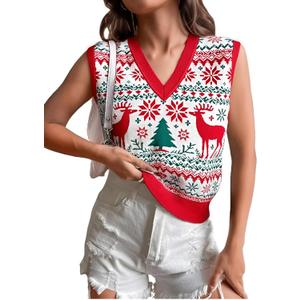 JULYCLO Christmas Sweater Vest Women Ugly Xmas Reindeer Knit Sweaters Casual Santa Snowflake V Neck Sleeveless Outwear Tops