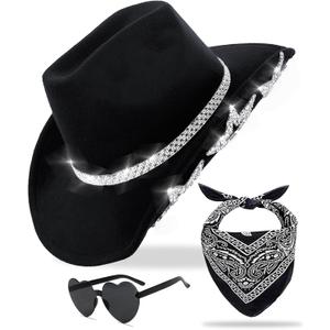 Cowboy Hat for Women Men 6 Sparkly Stars Brim & Rhinestone Belt Western Cowgirl Hat with Sunglasses Bandanas (Medium, Black)