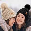 Womens Winter Knitted Beanie Hat Warm Fleece Lined with Pompom Cap Thick Slouchy Snow Knit Skull Ski Cap , 3 pcs , Set , Black and white