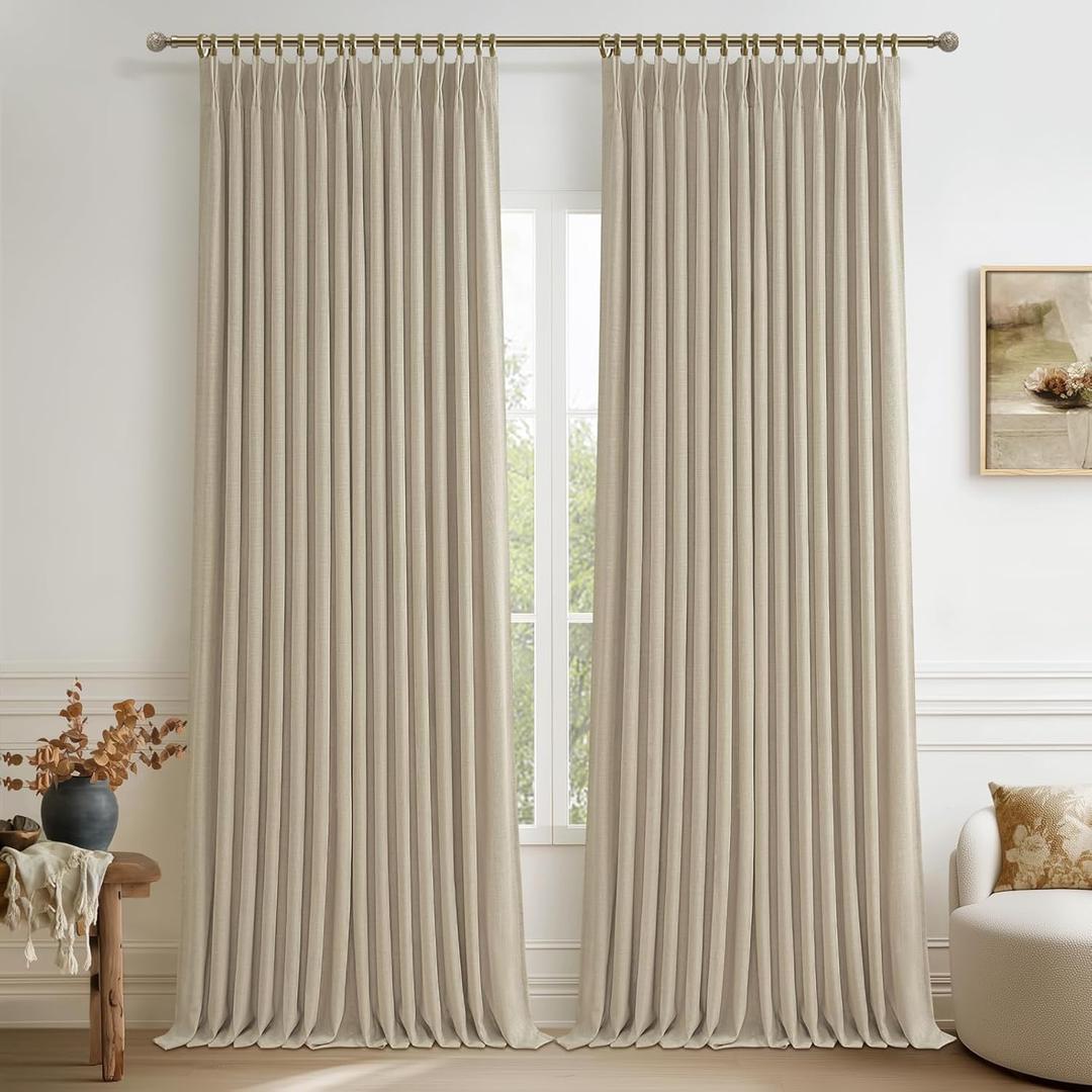 Memory Trained Pinch Pleat Blackout Classroom Curtains 94 Inches Long 2 Panels Set, Natural Linen Dual Layer Insulated Soundproof Farmhouse Window Drapes for Office with Hooks & Rings Energy Efficient