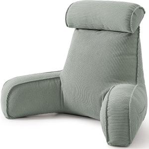Corduroy Reading Pillow for Sitting Up, Bed Rest Pillow with Arms, Detachable Headrest, Side Pockets & Washable Cover, Back Support for Sofa Couch Relaxing, Grey Green
