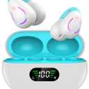 Comfort Clip On Earbuds, Bluetooth 6.1 Open Ear Bone Conduction Headphones, with Digital Display Charging Case Sport Earphones Built-in Mic Waterproof for Running Fitness Exercise, White-Blue