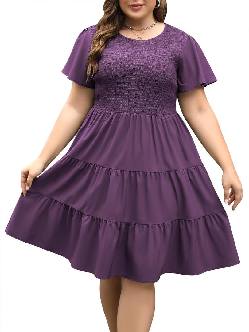 Celkuser Plus Size Casual Summer Smocked Dresses for Curvy Women Boho Tiered Crew Neck with Pockets cel176_Purple_2XL