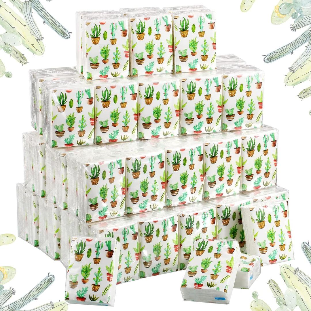 100 Pack Facial Tissue Mini Paper Pocket Tissues Small Size Travel Tissue Packs for Wedding Party Favors Graduation Celebration, 3 Ply, 2.8 x 2.2 In(Cactus)