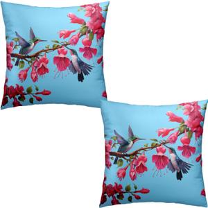 Lovely Hummingbird Throw Pillow Covers Spring Bird with Fuchsia Hybrida Floral Cushion Case Summer Pink Flowers Linen Pillowcases Set of 2 Decorative for Bedroom Sofa Couch Bed Home 18x18 Inch 