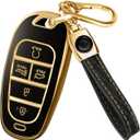 Lucrum Compatible with Hyundai Key Fob Cover & Leather Keychain, Keyfob Case for Santa Fe, Sonata, Tucson, Grandeur, Ioniq 5, Palisade, Nexo - For 5 Button Remote (2019-2025) - Black and Gold