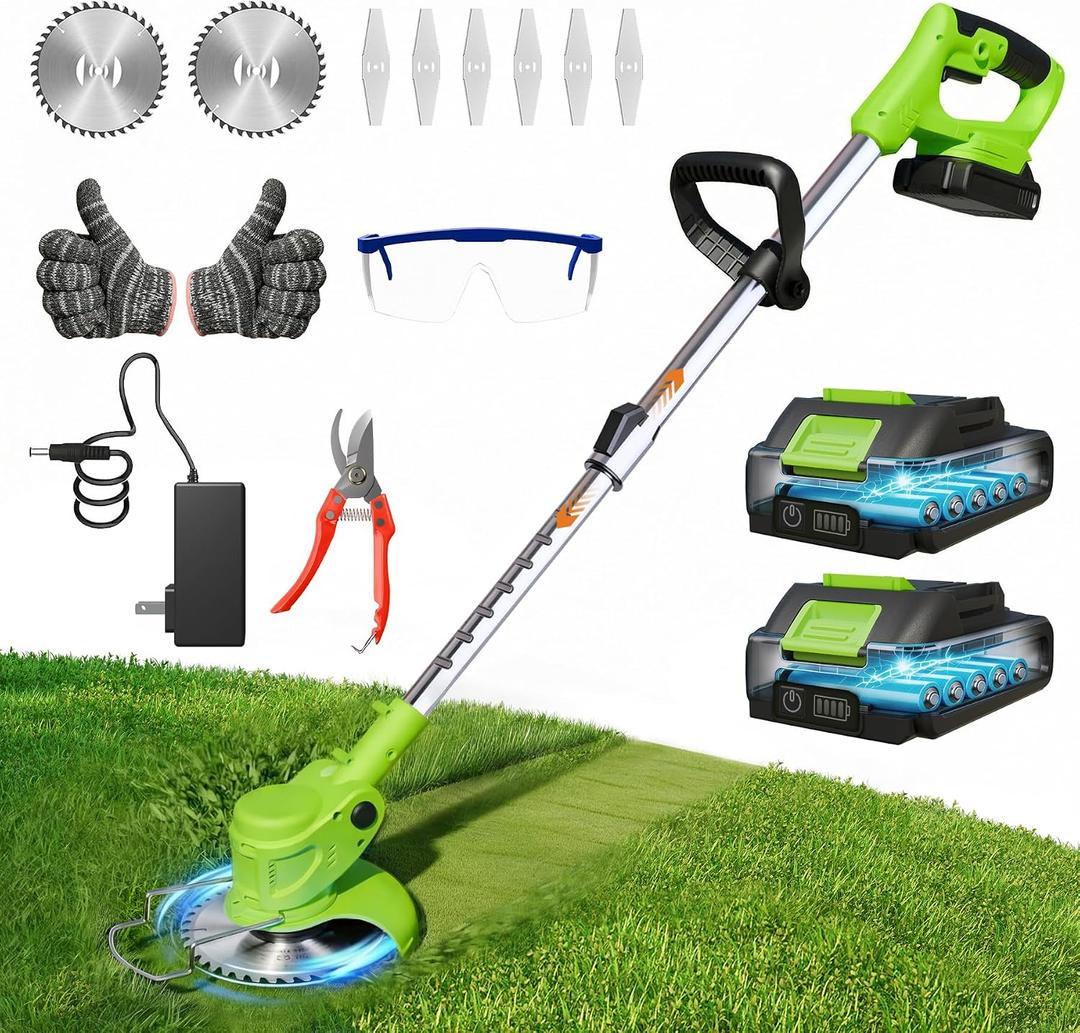 Cordless Weed Wacker Brush Cutter 21V Lightweight Electric Weed Eater | 2x 2.0Ah Battery Powered Weed Trimmer for Small Yard Lawn Edger and Garden Tool for Seniors Women - Green 6Inch, Medium weed eaters