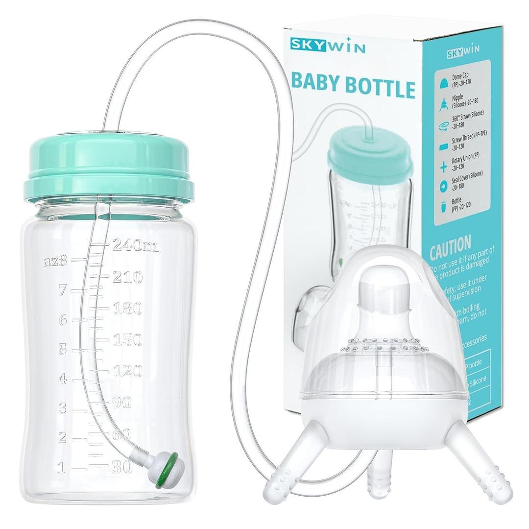 TidyFriend Baby Bottle Anti Colic with Straw 8oz  Built in Nipple Valve & Base Vent Hole for Gas Reduction, Upright Position Hand Free Bottle for 6m-2y Kids [Use Under Caregiver Assisted] (Green) (Pack of 1)