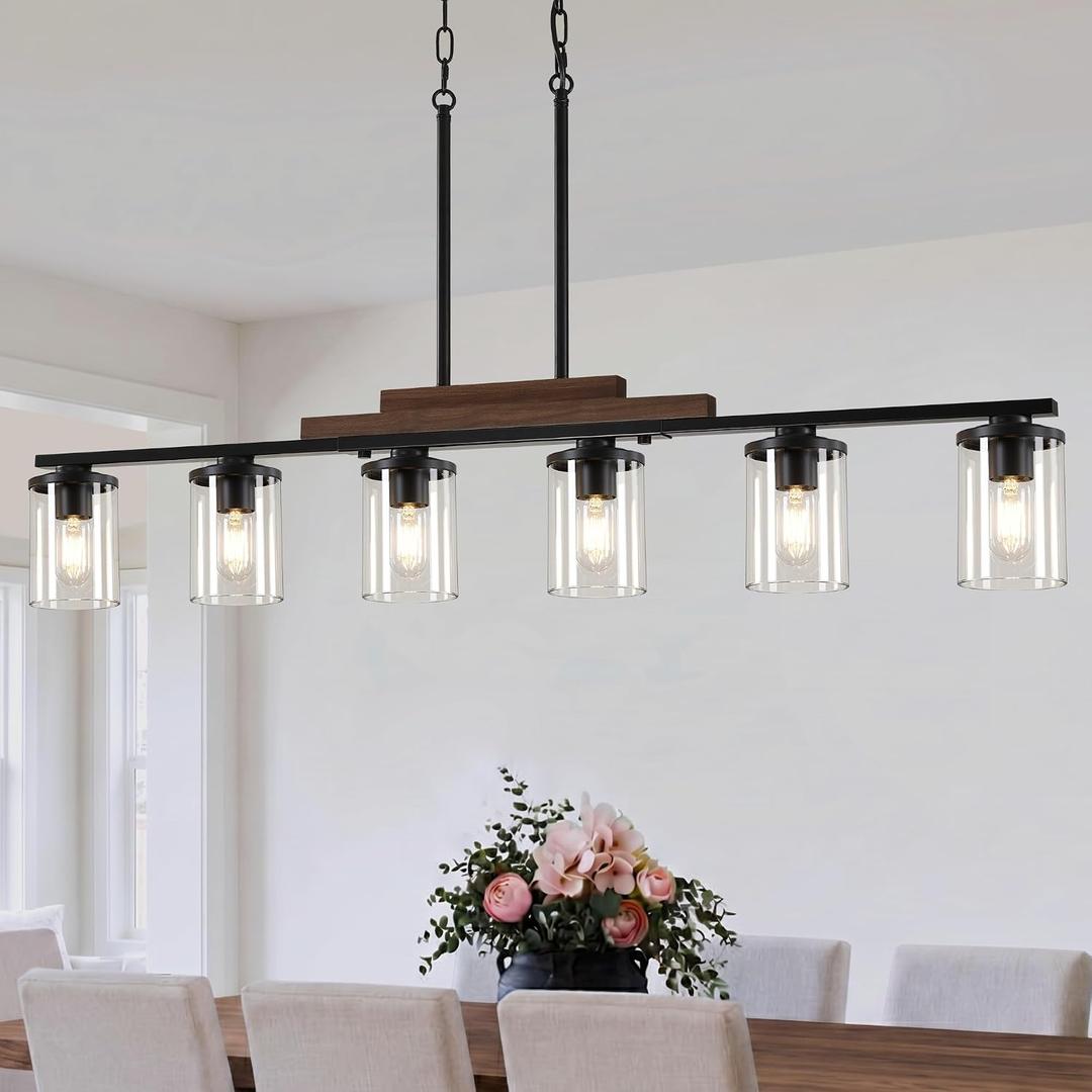 Dining Room Light Fixture Over Table, Farmhouse 6-Light Kitchen Island Lighting, Linear Black Chandelier with Clear Glass Shades, Modern Rustic Wood Pendant Kitchen Lights, with Adjustable Height