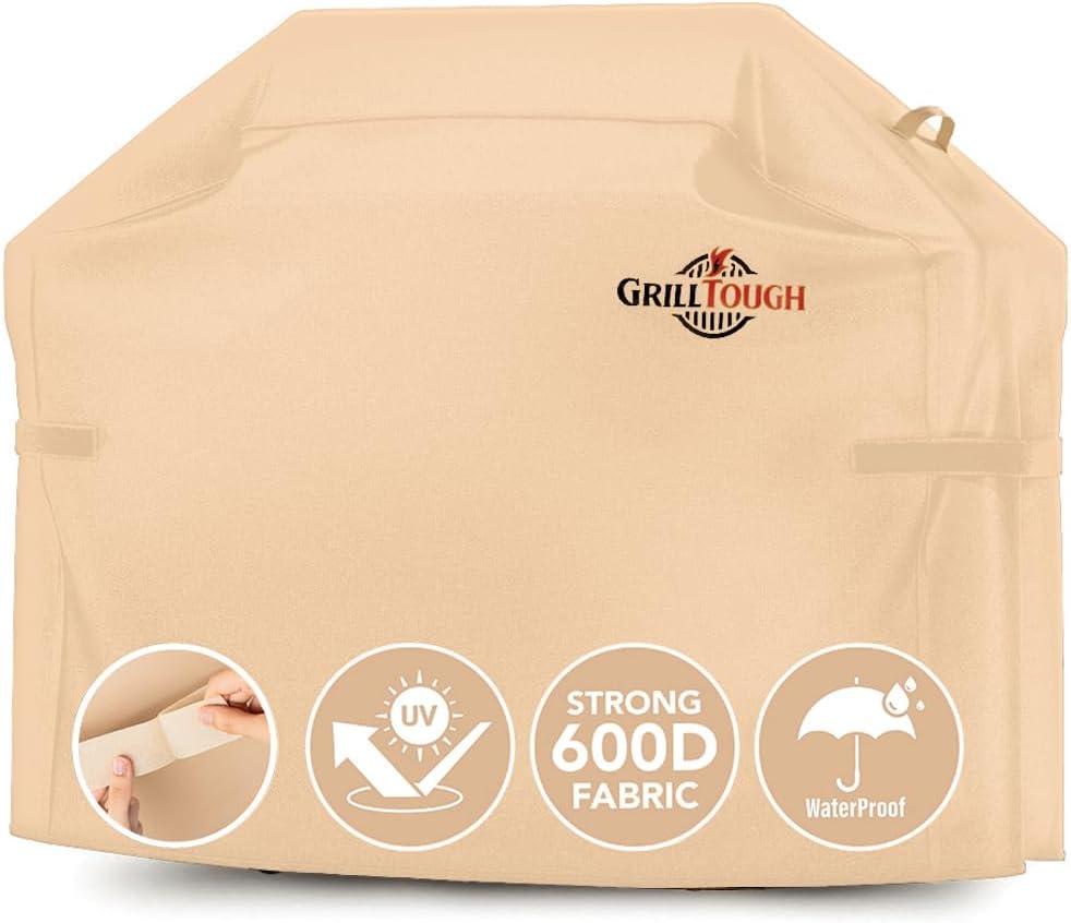 GrillTough Heavy Duty BBQ Grill Cover for Outdoor Grill, 52 Inch – Waterproof, Weather Resistant, UV & Fade Resistant with Adjustable Straps – Gas Grill Cover for Weber, Genesis, Charbroil, etc. Tan