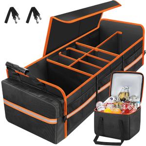 95L Car Trunk Organizer, Collapsible Trunk Storage Organizer with Removable Lid - Multi Compartment Waterproof Storage Organizer, Fits Most Car, Truck, Orange