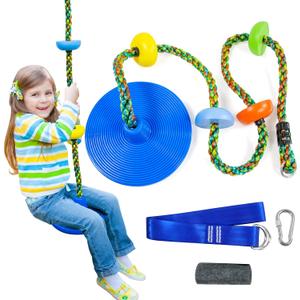 Columpio de rbol para nios, cuerda de escalada con plataformas, juego de asiento de columpio de disco, accesorios para patio de juegos al aire libre para nios, incluye mosquetn, correa de rbol de (Azul)