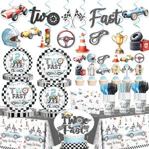179 PCs Two Fast Birthday Decor, 2 Fast Birthday Decoration with Plates Napkins Tablecloth Hanging Swirls for Boys Vintage Race Car Theme 2nd Party Tableware Set