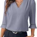 EVALESS Business Casual Tops for Women Dressy 3/ 4 Sleeve Pleated V Neck Spring Blouses Work Office Chiffon Shirts Beau Blue, M
