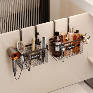 2 Pack Hair Tool Organizer,Adhesive Hair Dryer Holder Cabinet Door/Wall Mounted Adjustable Height Blow Dryer Holder Under Sink Bathroom Hair Appliance Organizer and Storage Countertop(Black)