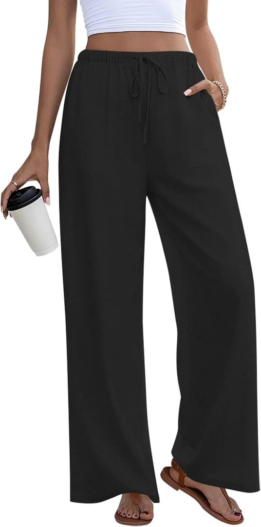 Anymeet Women's Linen Summer Palazzo Pants Flowy Wide Leg Beach Trousers XL (Black)