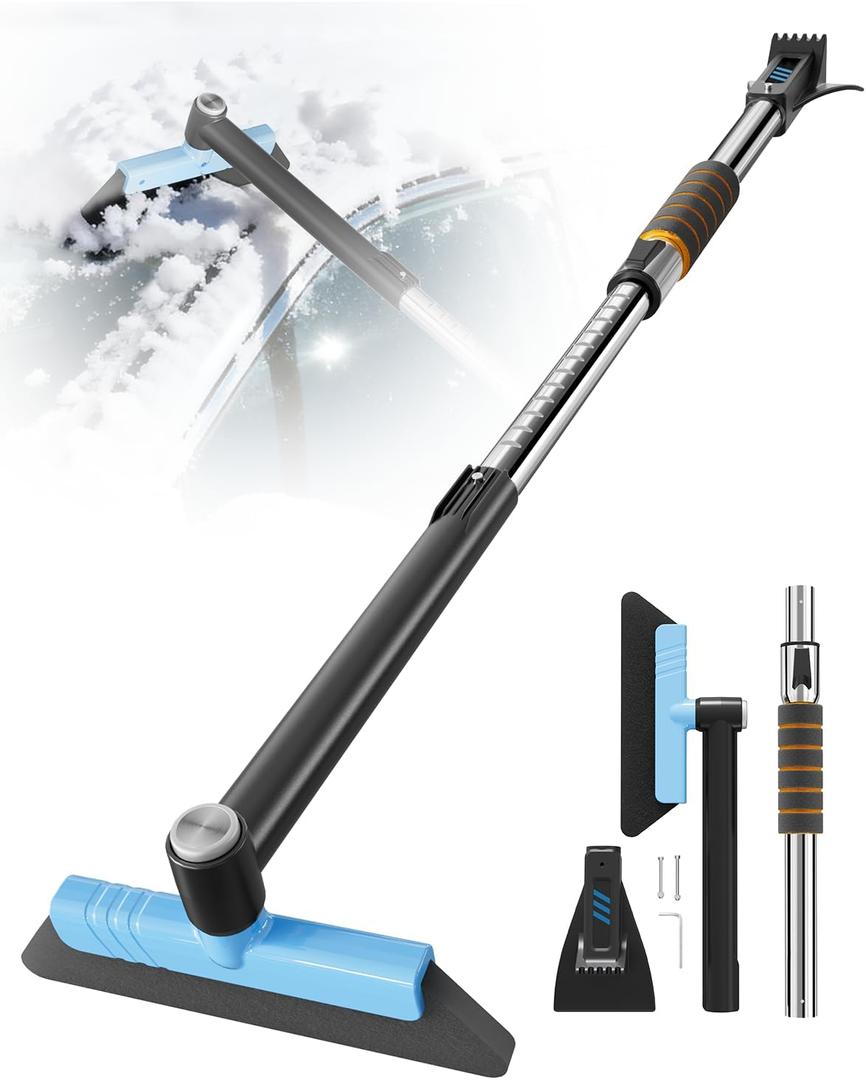 helloleiboo 43.7" Extendable Ice Scrapers for Car Windshield for 12 Adjustable Length Settings with Foam Grip and 360 Pivoting Brush Head Detachable Snow Brush for Truck SUV(Blue)