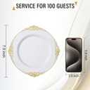 Nervure 100Pcs White and Gold Plastic Plates - 7.5inch Gold Disposable Plates - Heavyweight Plastic Dessert Plate for Wedding & Party & Mothers Day