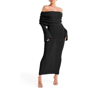 Saodimallsu Womens Off Shoulder Summer Maxi Dress Bell Long Sleeve Sexy Bodycon Strapless Sheer Beach Swimsuit Coverup (L)