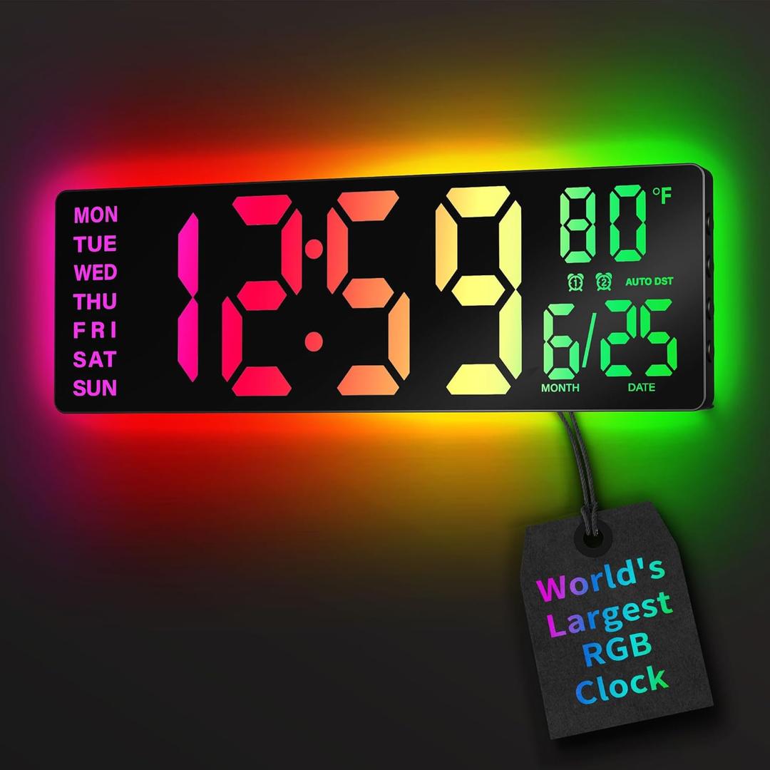 EASYERA 16.5" Large Digital Wall Clock with BT Sync, RGB Lights with 11 Scenes Mode Remote Control, Dual Alarms with Big LED Display, Auto DST, Temperature for Classroom Gaming (Black)