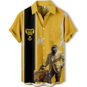 Summer Hawaiian Shirt,Button Down Shirt, Short Sleeve, Black Novelty Stripe Design,Funny Aloha Shirt (Large, Gorilla-1)