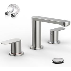 BWE Brushed Nickel Bathroom Faucet for Sink 3 Hole, Stainless Steel Widespread Bathroom Faucets with Pop-up Drain and Supply Lines, 360 Swivel Spout 2-Handle Bathroom Sink Faucet for Bath Vanity (8 Inches Widespread)
